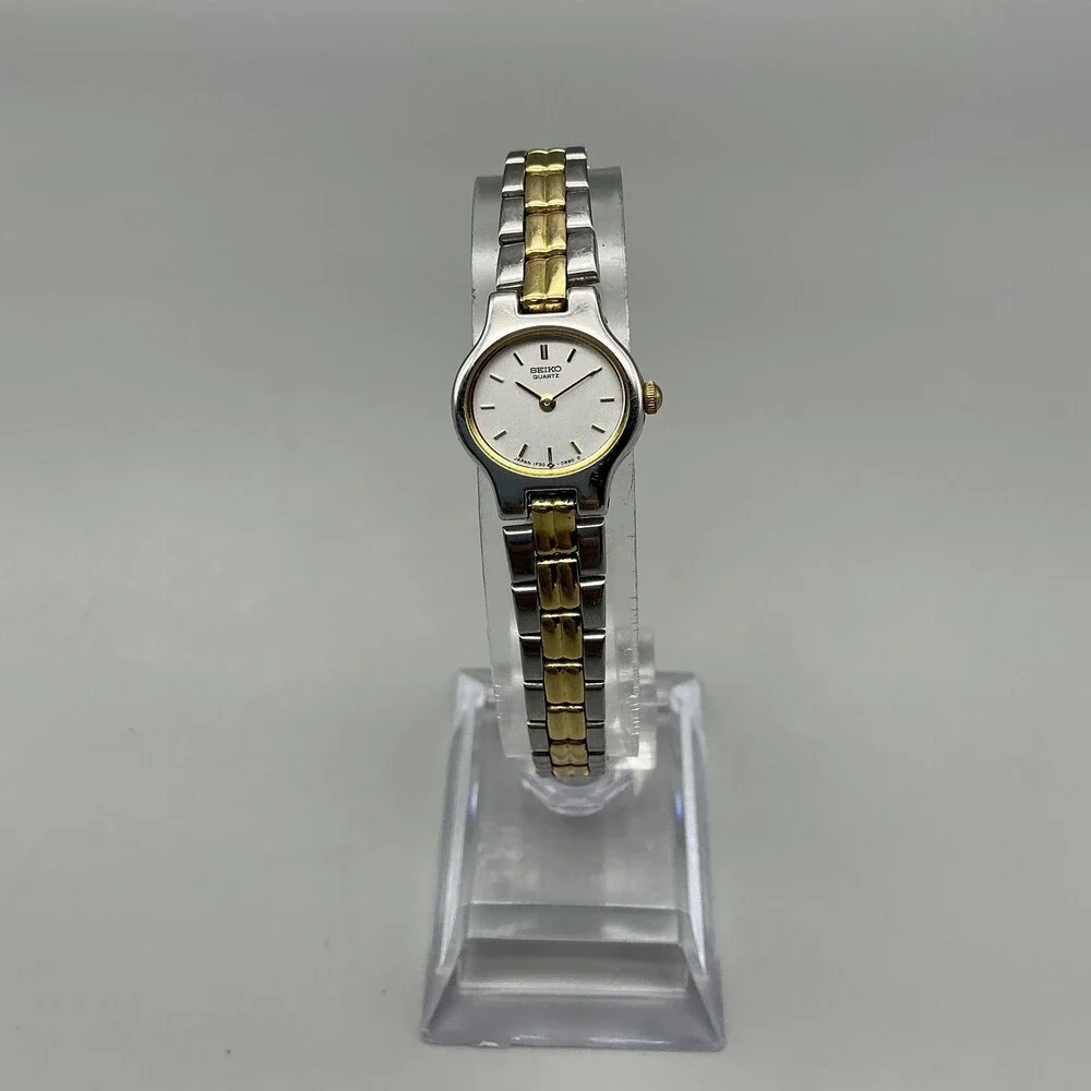 Vintage Seiko Womens Watch 17mm Oval Two Tone Band 1F20-5B2 New Battery 6.75